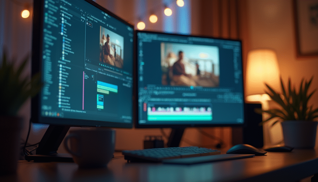 Close-up view of a video editing workspace with a computer and editing software open